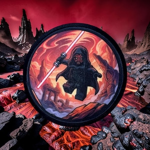 May include: Round patch featuring a Lego-style Darth Maul figure with a red lightsaber, set against a fiery landscape. The patch has a black border and depicts a scene with lava and rocky formations. The overall color scheme is red, black, and orange.