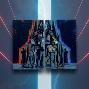 May include: A split image of Darth Vader and Luke Skywalker sitting on thrones. Darth Vader is on the left side of the image, wearing his iconic black suit and helmet. Luke Skywalker is on the right side of the image, wearing his brown Jedi robe. The background is a dark blue and black starry sky.