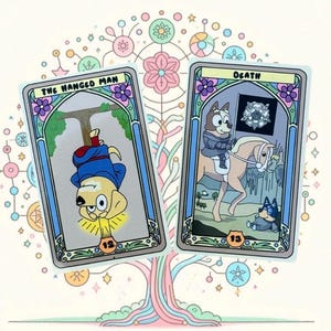 May include: Two tarot cards featuring cartoon dogs. "The Hanged Man" card shows a yellow dog hanging upside down. The "Death" card depicts a dog riding a horse with a flag. The cards are framed with floral designs and set against a pastel background.