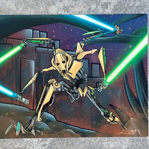 May include: A yellow and green robot character with a black mask and a red background. The robot is holding two green lightsabers and is surrounded by a starry night sky.