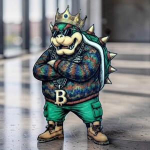 May include: A stylized figure of a turtle-like creature wearing a gold crown, black sunglasses, a multi-colored knit sweater, and green cargo pants. The figure has a spiked shell, a silver chain with a letter B pendant, and tan work boots.