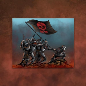 May include: A group of five soldiers in black and gray armor march forward, carrying a black flag with a red skull and crossbones. The soldiers are on a rocky terrain with a fiery background.