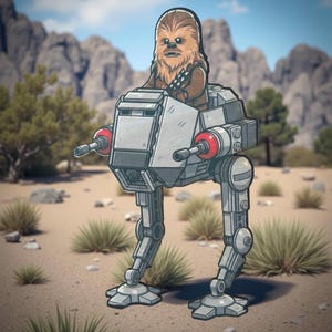 Pode incluir: Ilustração de Chewbacca montando um AT-ST walker em uma paisagem desértica. O AT-ST é cinza com detalhes vermelhos nos canhões. Chewbacca é marrom e está sentado na cabine. O fundo apresenta montanhas e vegetação desértica.