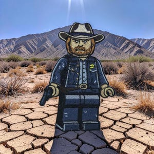 Op de afbeelding: Geborduurde patch met een Lego-achtige sheriff in een cowboyhoed en donkerblauw uniform, met een pistool. De patch is geplaatst tegen een woestijnlandschap met bergen en een gebarsten aarde.