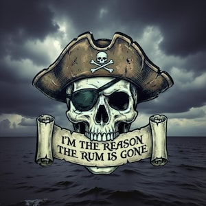 Op de afbeelding: Een schedel met een piratenhoed en ooglap, met een banner met de tekst "I'M THE REASON THE RUM IS GONE." De afbeelding heeft een donkere, stormachtige achtergrond met oceaangolven.