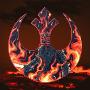 May include: A fiery red and orange Rebel Alliance symbol with a dark figure of Darth Maul in the center. The symbol is engulfed in flames.