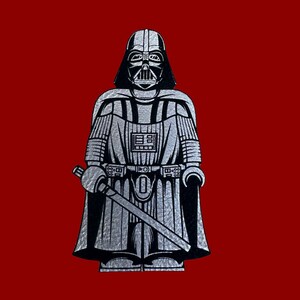 May include: A silver and black illustration of Darth Vader in a Lego-like style, holding a lightsaber, set against a red background. The character's helmet, armor, and cape are detailed with silver accents. The image is a stylized representation of the iconic Star Wars villain.
