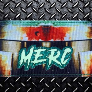 May include: A green and white patch with the word "MERC" in a stylized font. The background of the patch is a blurry image of a futuristic scene with orange and blue colors.