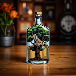 May include: A clear glass bottle with a cork stopper, featuring an illustration of a tree and an owl inside. The tree is green, and the owl has white and brown feathers. The bottle contains a golden liquid, and the background is blurred.