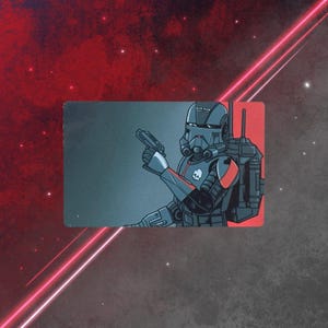 May include: A black and red armored soldier with a skull symbol on their chest holds a gun and looks to the left. The soldier is standing in front of a dark blue background.