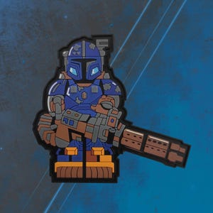 May include: A blue and brown cartoon character wearing a helmet and holding a large gun. The character is standing on a blue background.