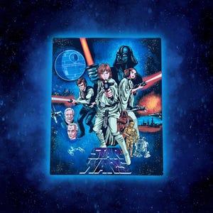 May include: A colorful illustration of characters from the Star Wars movie series. The characters are standing in front of a blue and black space background with stars. The text "STAR WARS" is printed in white at the bottom of the image.