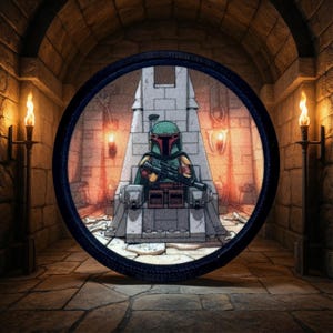 May include: Round patch featuring a cartoon depiction of Boba Fett in his Mandalorian armor, seated on a throne. The patch has a dark blue border and is set against a stone background with torches. The character is holding a blaster.