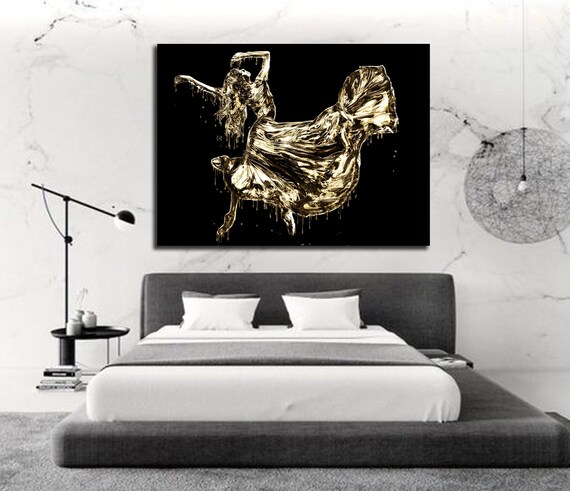 Canvas Art Sensual Bedroom Wall Decor Dripping Gold Bedroom Abstract Art Modern Master Bedroom Wall Art Dancer Figure Drawing G001 Blk