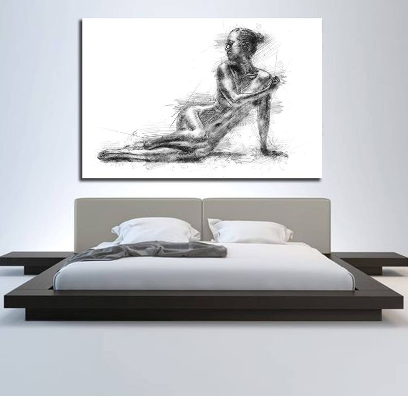 canvas art bedroom wall decor, elegant contemporary abstract canvas print,  erotic master bedroom art, nude figure drawing art print -p012