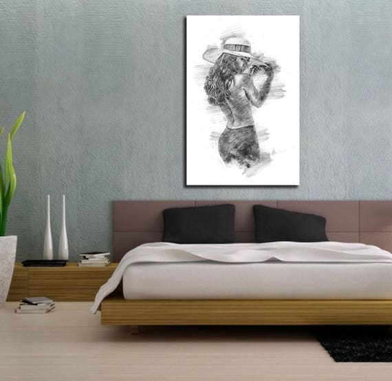 Canvas Print His Hers Bedroom Wall Decor Master Bedroom Bathroom Wall Art Sexy Pencil Sketch Erotic Art Nude Realism P003 C