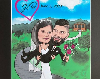 2 person (or more via custom listing), digitally hand-drawn, FB color for upload, spot-on caricature theme illustration