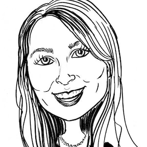 May include: Black and white line drawing caricature of a woman with long hair, smiling and wearing a necklace.