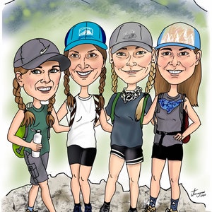 3-12 person, digitally HAND-DRAWN color for upload, full-body posed/ standing (headshot if in back)* group caricature