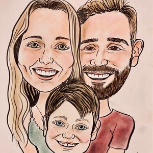 12x16 color, 2 4 person and or pet, traditionally HAND-DRAWN on art stock, spot-on, headshot caricature image 10
