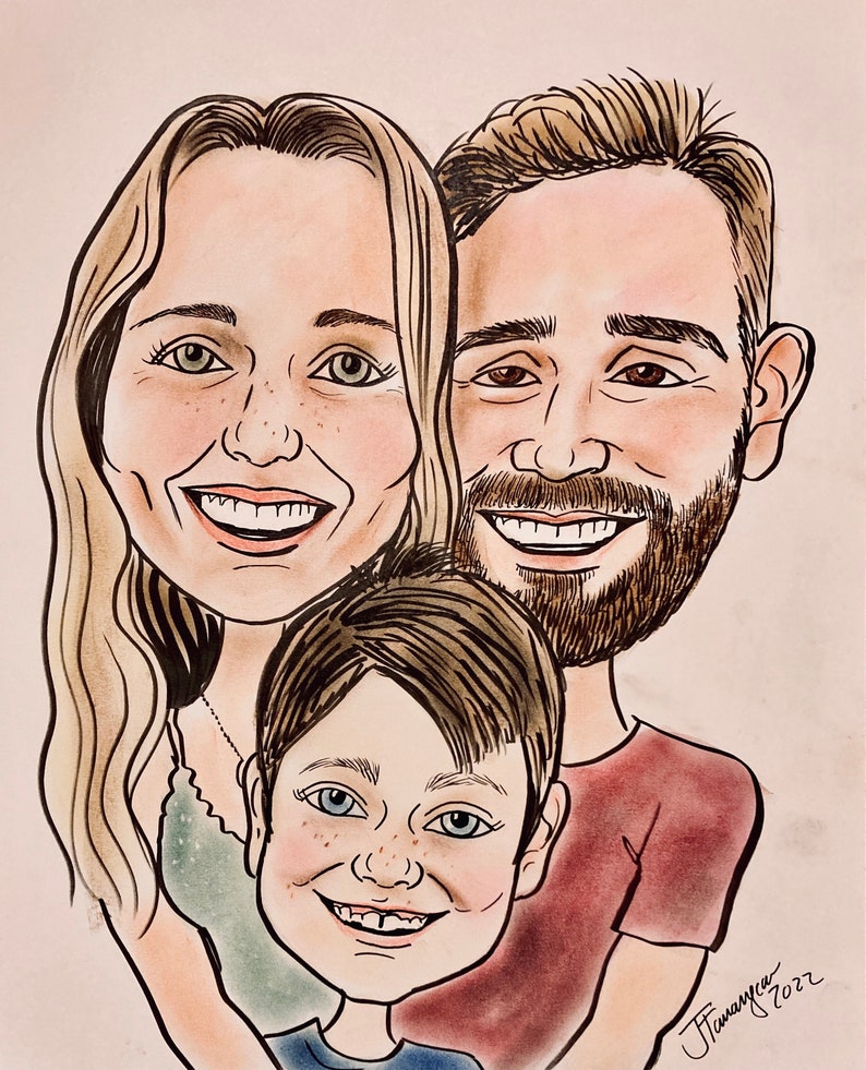 12x16 color, 2 4 person and or pet, traditionally HAND-DRAWN on art stock, spot-on, headshot caricature image 10