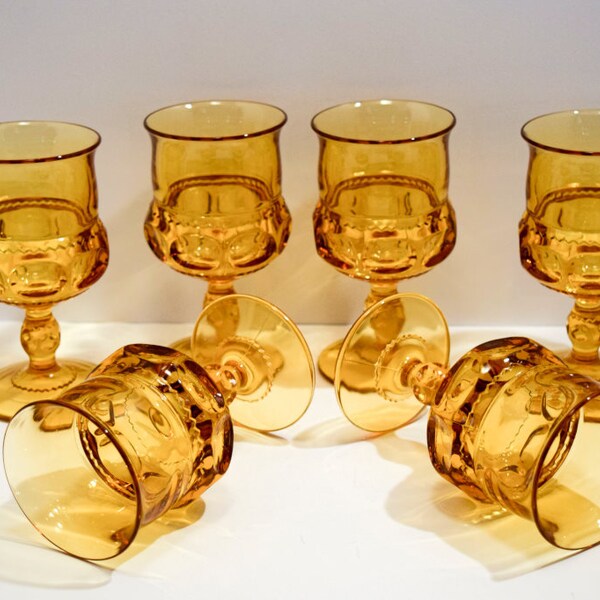 Set of 6 Indiana Glass Amber Wine Glasses~ Thumbprint~Kings Crown~Goblets~Fall~Autumn~Wedding~6oz~Amber Glass~MCM~Yellow~Made in USA~Artdeco