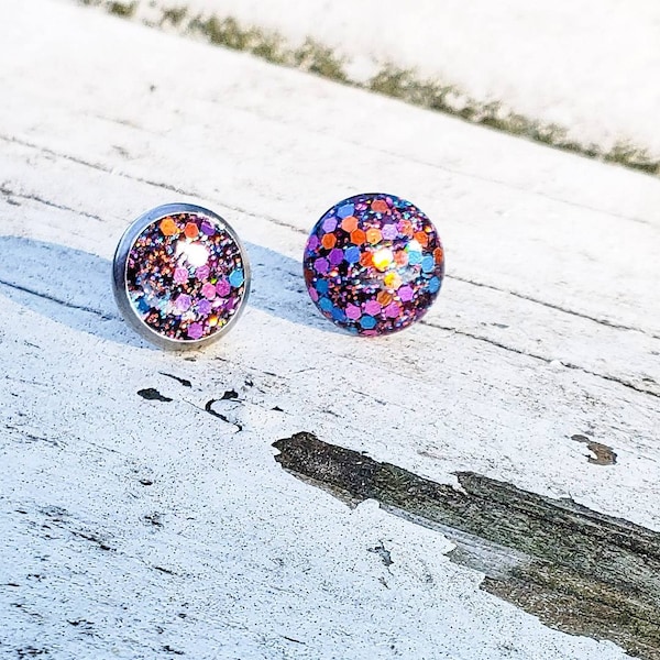 Rainbow glitter sparkling stud earrings, Confetti Earrings, Multicolored Glitter Studs, Gifts for her, Rainbow Confetti Glitter