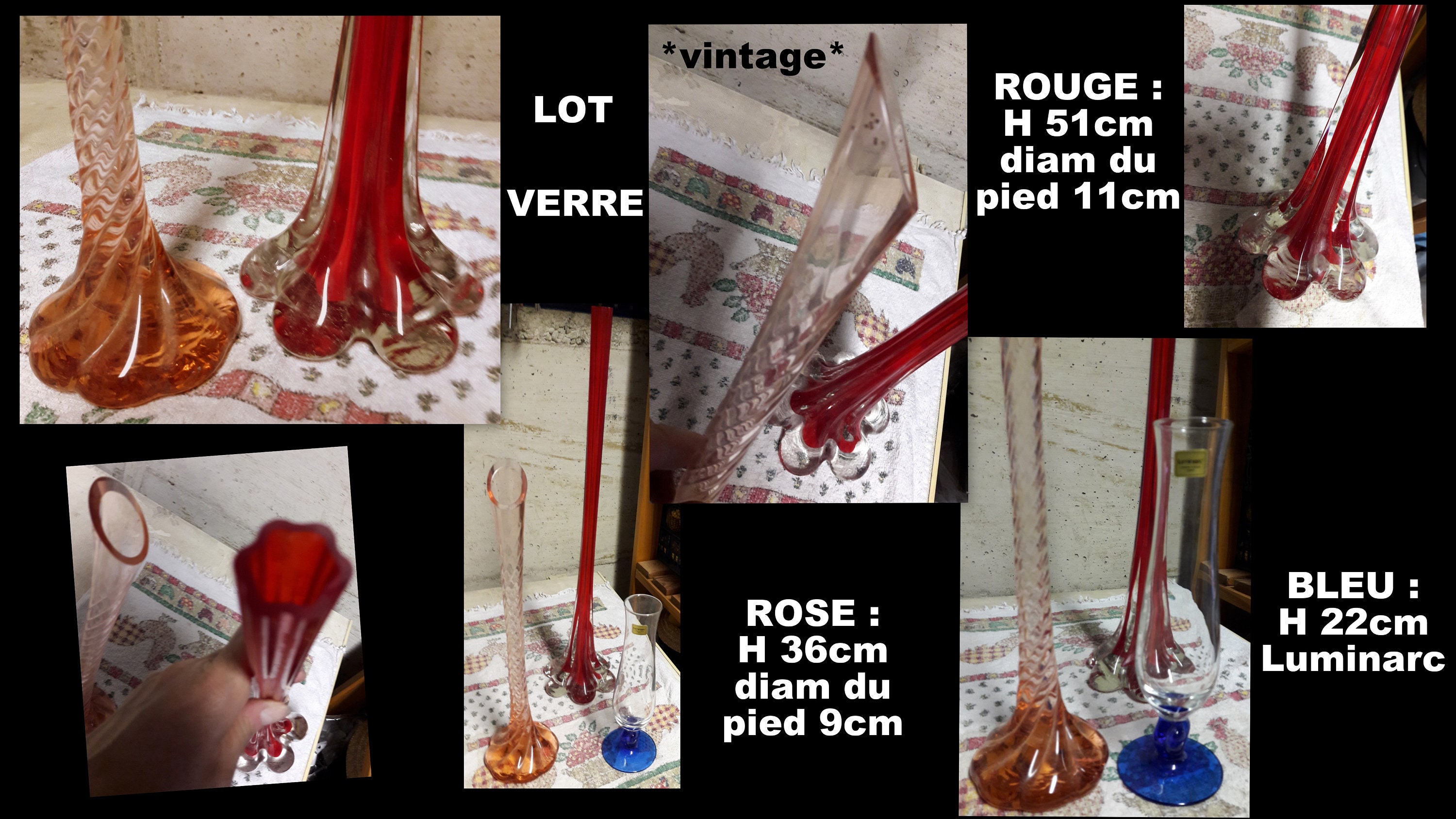 Vintage Lot de 3 Grands Vases en Verre