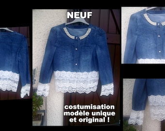 VESTE JEAN * dentelle et perles !