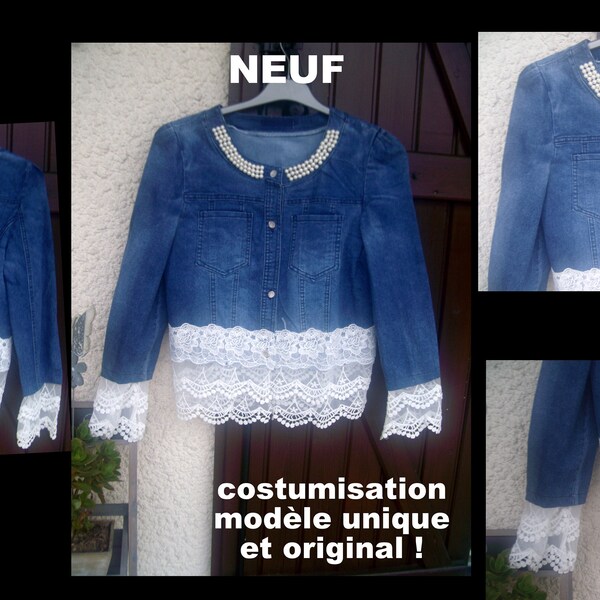 VESTE JEAN * dentelle et perles !