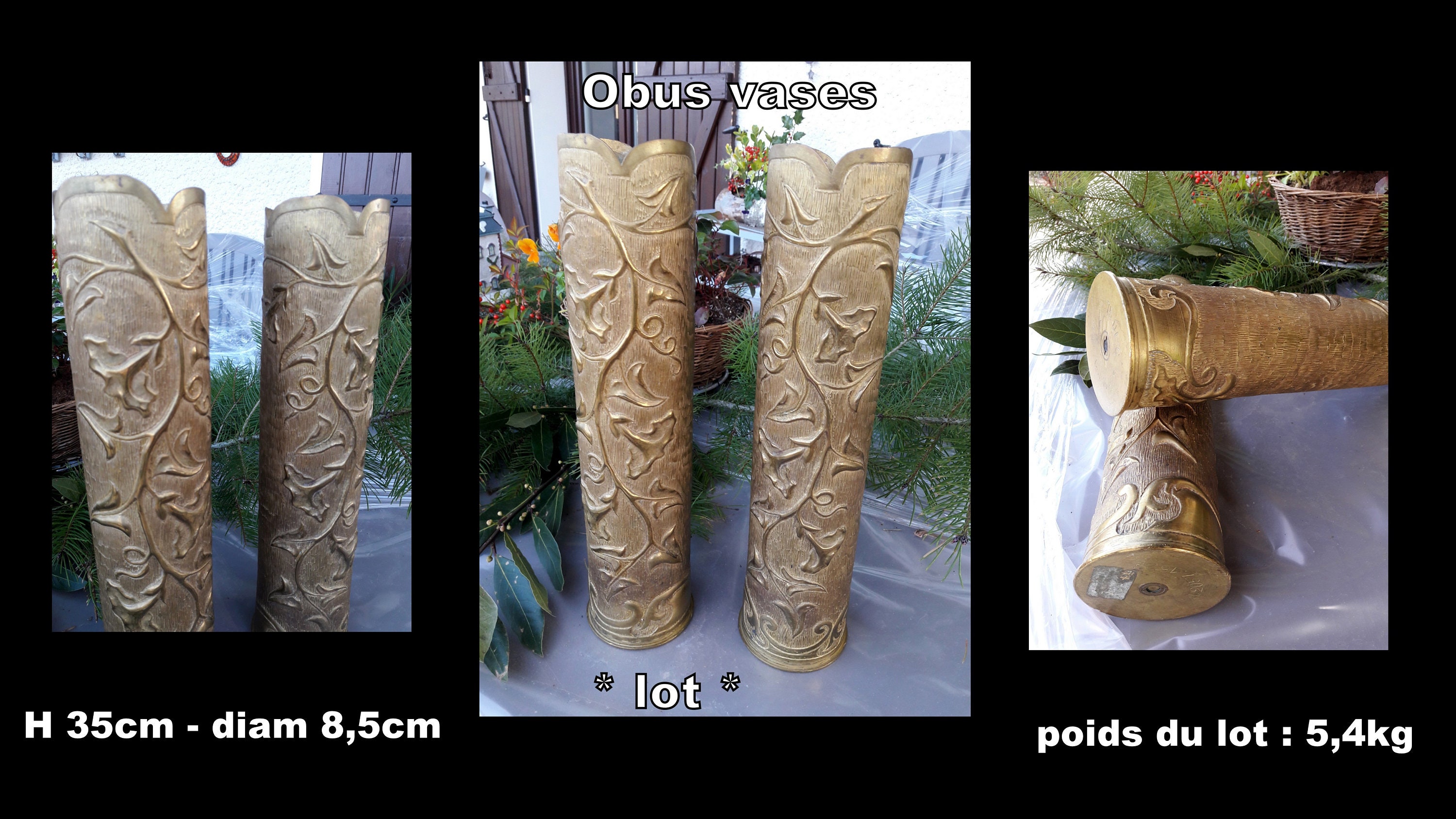 Lot 2 Obus-Vases en Laiton Travaillé