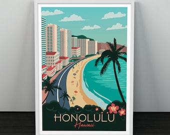 Hawaii Travel Poster Vintage Retro wall art Honolulu map Tropic