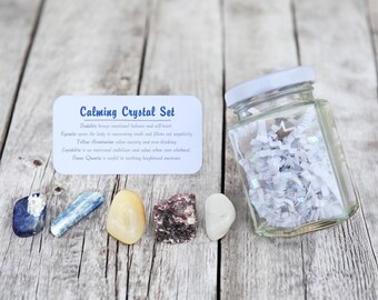 Calming Crystal Set in Jar: Sodalite, Lepidolite, Kyanite, Aventurine, Quartz