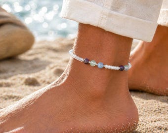 Cavigliera per alleviare ansia e stress: Lepidolite, Fluorite, Angelite - Regalo per la consapevolezza e la guarigione