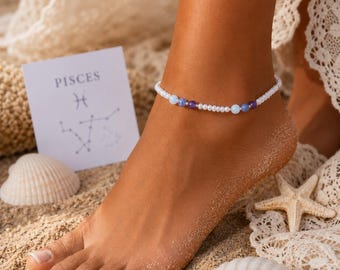 Tobillera de Piscis: Aguamarina, amatista, sodalita. Regalo astrológico del zodíaco.