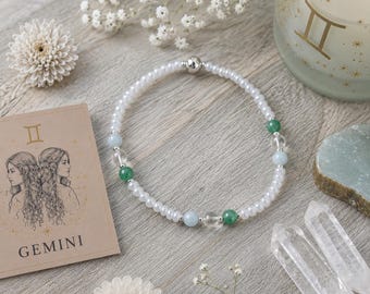 Tobillera del signo zodiacal Géminis: tobillera con cuentas de aguamarina, cuarzo y jade.