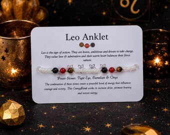 Leo Zodiac Anklet: Tiger Eye, Carnelian & Onyx - Zodiac Astrology Gift