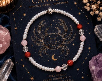 Tobillera de cuentas del signo zodiacal Cáncer – Cuarzo rosa, jaspe y cuarzo