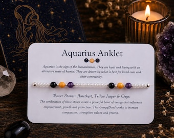 Tobillera de Acuario: Joyería zodiacal con cuentas de amatista, jaspe y ónix.