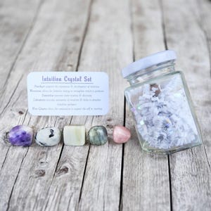 Conjunto de cristales de intuición en frasco: amatista pulida, piedra lunar, cuarzo rosa, labradorita y serpentina.