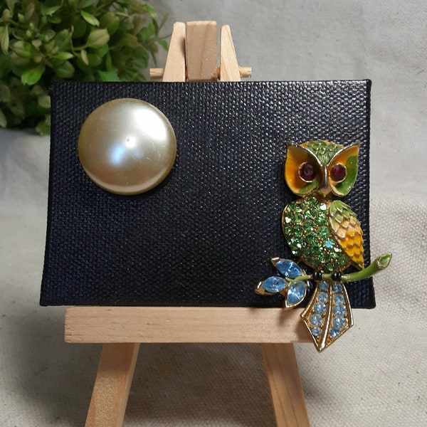 Mini Repurposed Jewelry Mixed Media Owl Painting