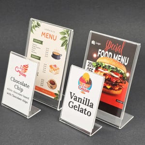 12 peças de porta-etiquetas de acrílico | Suporte transparente para placas em formato de L | Porta-cartões de acrílico para padaria, sorveteria e cafeteria