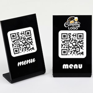 Stojak na menu z kodem QR | Czarny akrylowy znak na stół z nadrukowanym kodem QR | Niestandardowy wyświetlacz menu restauracji | Znak do zamawiania bezkontaktowego