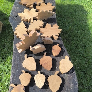 Könnte beinhalten: Eine Sammlung von Holzformen von Blättern und Eicheln, alle aus Naturholz geschnitzt. Die Blätter sind in verschiedenen Größen und Formen, während die Eicheln alle gleich groß sind. Das Holz ist hellbraun und hat eine natürliche Maserung.