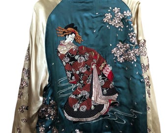 Giacca in raso reversibile Sukajan ricamata da Geisha per l'acquisto di fiori