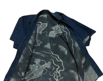 Rare Japanese Traditional Kendo Dragon Print inside Indigo Kimono