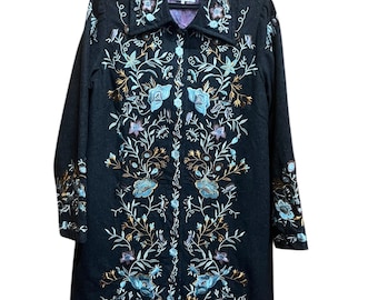 Vintage Via Faburicca by TGM Wool Blend Flower Embroidered Motif Long Jacket