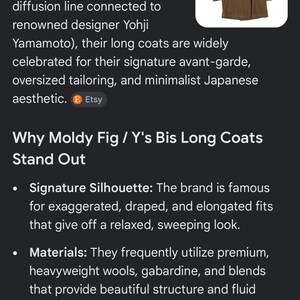 May include: A brown long coat from the vintage label "Moldy Fig by Y's Bis" is shown. The coat is celebrated for its avant-garde design and oversized tailoring. The image includes the text "Etsy".