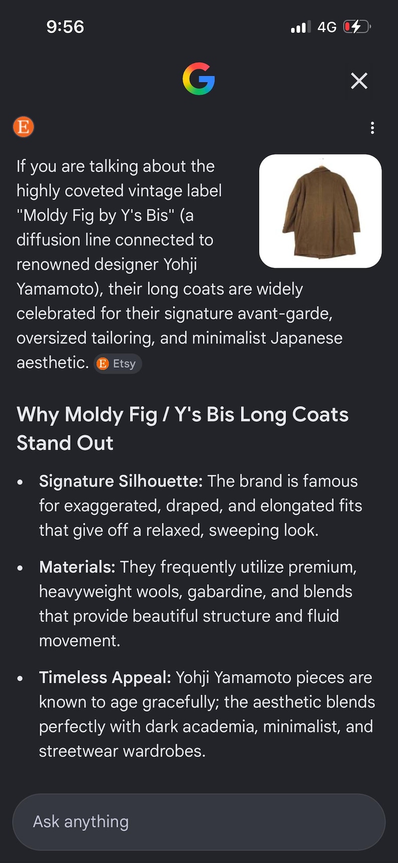 May include: A brown long coat from the vintage label "Moldy Fig by Y's Bis" is shown. The coat is celebrated for its avant-garde design and oversized tailoring. The image includes the text "Etsy".