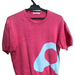 May include: A coral-colored short-sleeved sweater with a large, light blue abstract design on the front. The sweater is hanging on a black hanger against a white background. The design is a large, stylized letter "A".